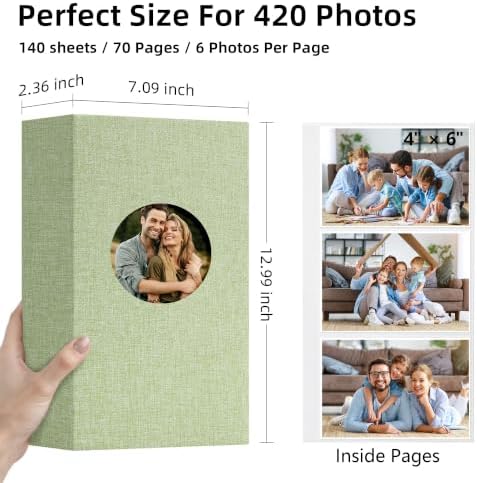 Vienrose Photo Album 4x6 Photos 420 Pockets Linen Cover Slip-in Photo Book with Round Window for Wedding, Vacation Memories, Personalized Picture Organizer, Green - Image 2