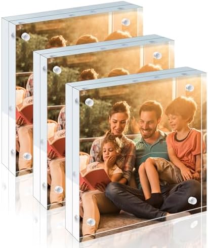 Egofine 4x4 Acrylic Frames 3 Pack, 20mm Thicker Frameless Clear Picture Frames, Double Sided Magnetic Picture Frames, Free Standing Desktop Display by Egofine