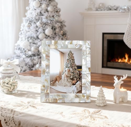 Picture Frame 5x7 Mother of Pearl Photo Frame,Beach Picture Frame Tabletop or Wall Hanging Display Frame(5x7 Natural White,1pc) - Image 2