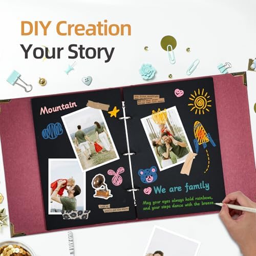 Vienrose DIY Scrapbook Photo Album Kit with Stickers, Pens, Tapes, 60 Pages Hardcover Memory Book, 8.5x11 Inch 3 Ring Binder with Black Pages, Guest Book Gift for Wedding, Travel & Anniversary Red - Image 2