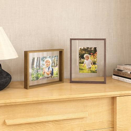 Egofine 8.5x11 Floating Frames Set of 2, Double Plexiglass Picture Frame, Made of Solid Wood Display Any Size Photo up to 8.5x11, Wall Mount or Tabletop Standing, Brown - Image 4