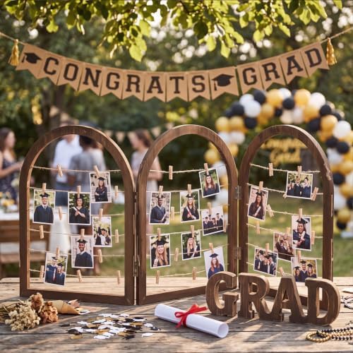 Briwooody 3 Panel 53 x 24 Inch Photo Display Rack with Clips Wooden Arched Picture Collage Frames Board for Farmhouse Wedding Postcard Greeting Card Organizer Holder Home Dorm(Black Walnut) - Image 7