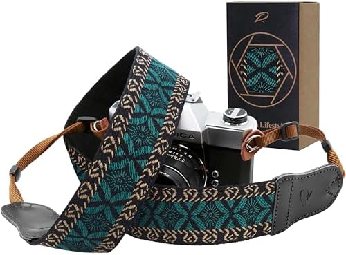 Padwa Lifestyle Mystic Green Embroidered Camera Strap - Double Layer Cowhide Ends,2" Cotton Vintage Camera Straps, Adjustable Neck & Shoulder Strap for All DSLR Cameras,Great Gift for Photographers by PadwaLifestyleCameraStrap