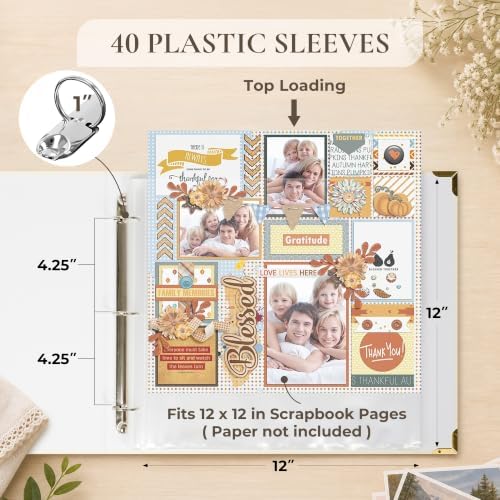 Vienrose Large 3 Ring Scrapbook Album 14.2 x 13 Inch, Textured Paper Cover DIY Photo Album with 40 Plastic Sleeves for Photos Baby Travel Wedding Anniversary Beige - Image 3