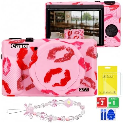 Cute Camera Case for Canon G7X Mark III,Silicone Protective Cover with Removable Lens Cap,Bracelet Wrist Strap & 2 Pack Tempered Glass Screen Protector for Women (Pink Lips) by Tizaczp
