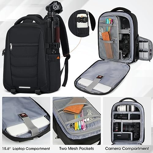 SDYSM Camera Bag Backpack Professional for DSLR SLR Mirrorless Camera Waterproof Laptop Back Pack 15.6 Inch with Rain Cover Anti Theft Travel Case Large Capacity Photography Backpack Black - Image 2