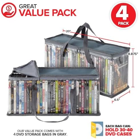 Stock Your Home DVD Storage Bags (Set of 4) Media Organizer Bag for DVDs, CDs, Blu Ray Disc, Movie Cases, VHS Box, Video Game Disks, Clear Plastic Holders with Carrying Handles and Zipper - Gray - Image 2