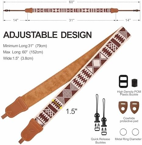 Padwa Lifestyle Diamonds Camera Strap - 1.5" Crazy Horse Cowhide Ends Camera Straps for Photographers, Cute Cotton Weave Soft Suede Fabric Padded Strap fits All Cameras for Adults & Kids - Image 6
