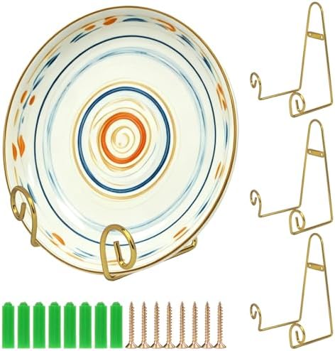 YY YEARCHY Metal Plate Stand Holder, Wall Hanging Display Rack, Sturdy Iron Easel for Displaying Plates (8-14 Inch), Bowls, Platters, Art, Photos, Books (4, Gold, 8"x4.8"x4") by YYYEARCHY
