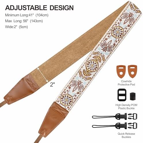 Padwa Lifestyle Camera Strap - 2" Full Grain Leather Ends Camera Straps for Photographers, Vintage Embroidered Cotton Weave Soft Suede Fabric Padded Strap Quick Release fits All Cameras - Image 6