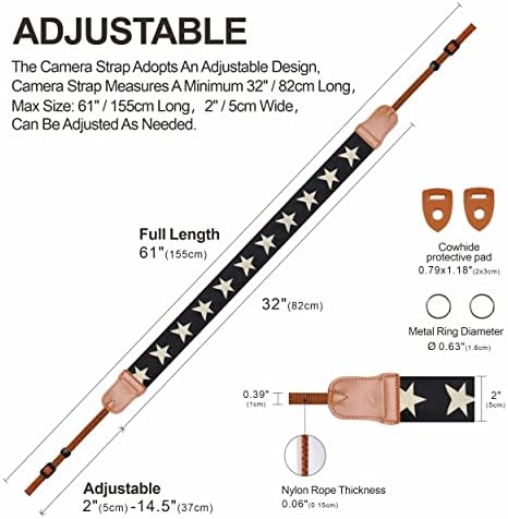 Padwa Lifestyle Pentagram Embroidered Camera Strap - Double Layer Cowhide Ends,2" Cotton Woven Camera Straps, Adjustable Vintage Neck & Shoulder Strap for All DSLR Cameras,Great Gift for Photographers - Image 4