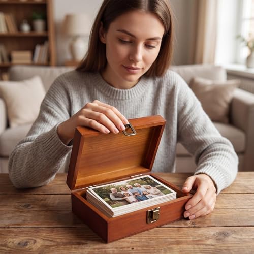 SiliFine Small Wooden Photo Storage Box Keepsake Box, Maple Red - Image 6