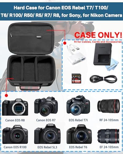 RAIACE Hard Carrying Case Compatible with Canon EOS Rebel T7/ T100/ T6/ R100/ R50/ R5/ R7/ R8, for Sony, for Nikon Camera. Large Capacity Camera Bag for Lens, Cables, Cards and Accessories. - Black - Image 2