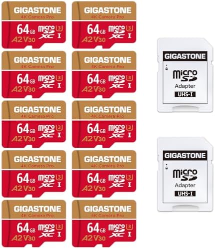 【5-Years Data Recovery】 GIGASTONE 64GB Micro SD Card 10-Pack, 4K Camera Pro, for GoPro, Security Camera, Wyze, DJI, Drone, Dash Cam, R/W up to 95/35MB/s MicroSDXC Memory Card UHS-I U3 A2 V30 by Gigastone