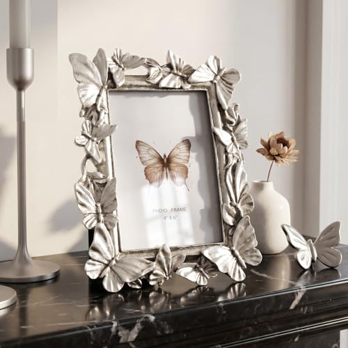 Cuspin 4x6 Picture Frame Silver Butterfly Photo Frame Vintage Elegant Decor - Image 3