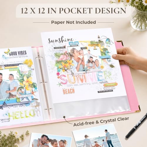 Vienrose Large 3 Ring Scrapbook Album 14.2 x 13 Inch, Textured Paper Cover DIY Photo Album with 40 Plastic Sleeves for Photos Baby Travel Wedding Anniversary Pink - Image 6