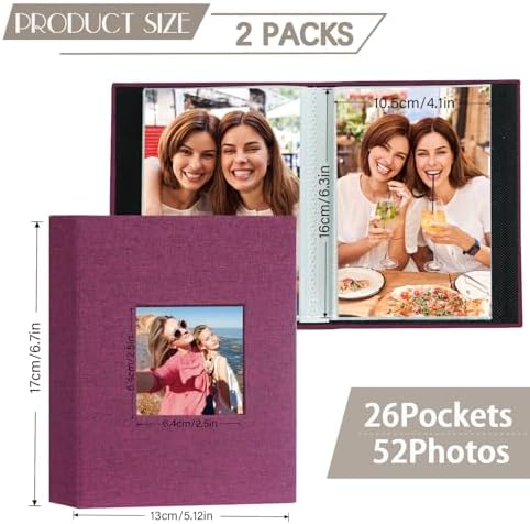 Artmag Mini Photo Album 4x6 50 Pockets 2 Pack, Linen Cover with Front Window Album Each Holds 52 Vertical Photos for Family Wedding Baby Children (Purple) - Image 2