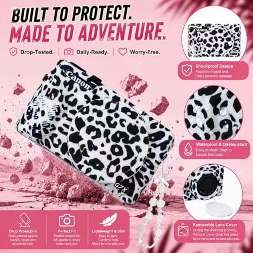 Cute Camera Case for Canon G7X Mark III,Silicone Protective Cover with Removable Lens Cap,Bracelet Wrist Strap & 2 Pack Tempered Glass Screen Protector for Women (White Leopard) - Image 6