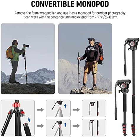 NEEWER 72" Fluid Head Video Tripod Monopod, Aluminum Alloy QR Plate Compatible with DJI RS Gimbal, 360° Pan & +90°/-70° Tilt for DSLR Camera Camcorder, Max Load 13.2lb/6kg, TP72A - Image 5