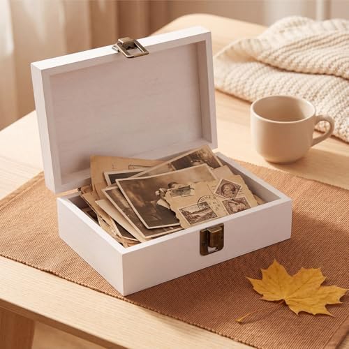SiliFine Small Wooden Photo Storage Box Keepsake Box, White - Image 2