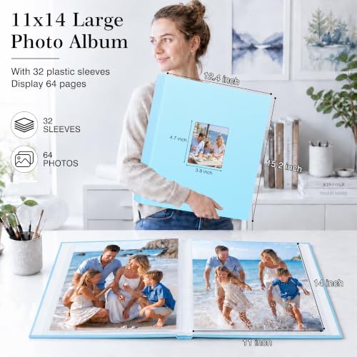 Aevdor 11x14 Photo Album and Art Portfolio, 64 Photos, Linen Cover, Blue - Image 3