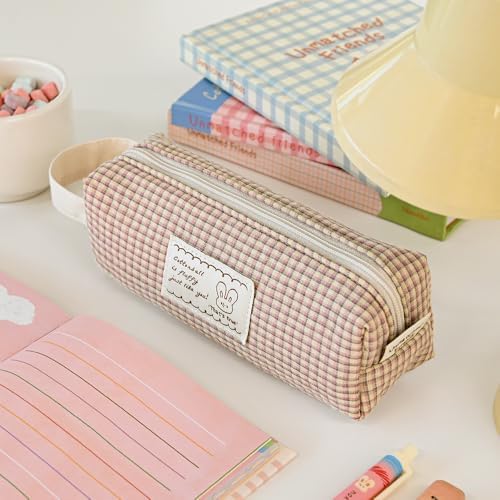 Monolike Unmatched Friends Fabric Check Block Pencil Case, Vintage pink - Aesthetic Gingham Pastel Desk Organizer, Soft Padded Makeup Brush Case, Trendy Minimalist Stationery Pouch - Image 3