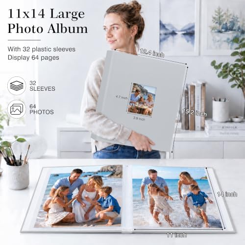 Aevdor 11x14 Photo Album and Art Portfolio, 64 Photos, Linen Cover, Grey - Image 3