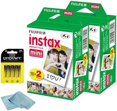 Fujifilm Instax Mini Instant Film, 40 Shots (10 Sheets x 4) – Capture Memories Anytime, Anywhere + BluebirdSales Premium Cleaning Cloth & 8 AA Batteries by FUJIFILM