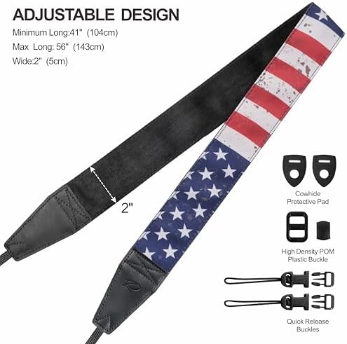 Padwa Lifestyle American Flag Print Camera Strap - 2" Full Grain Leather Ends, Vintage Flag Pattern Camera Straps for Photographers, Soft Chamois Velvet Padded Strap Quick Release fits All Cameras - Image 6