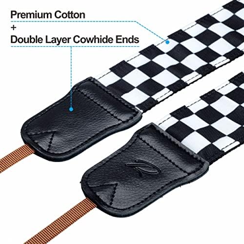 Padwa Lifestyle Black and White Plaid Camera Strap - 2" Wide Double Layer Cowhide Head,Cotton Camera Shoulder Straps,Grid Pattern Adjustable Camera Neck Strap for all Cameras,Gift for Photographers - Image 2