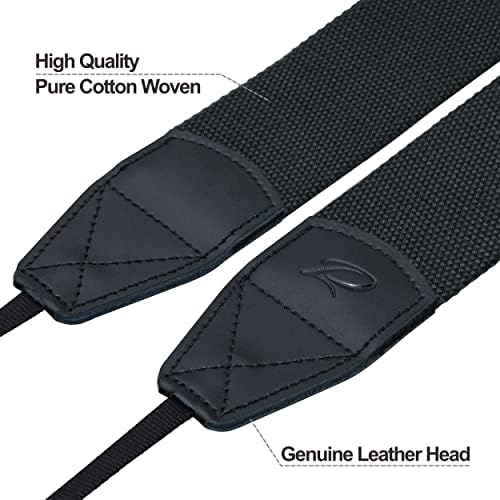 Padwa Lifestyle Black Camera Strap - 2" Wide Cotton Woven Genuine Leather Head Camera Straps,Complimentary 2 Pcs Quick Release Clips for All DSLR/SLR Cameras, Binoculars and Drone Remote Control - Image 2