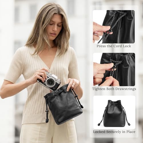 S-ZONESoft Leather Camera Insert Bag Drawstring Camera Pouch DSLR Lens Case - Image 5