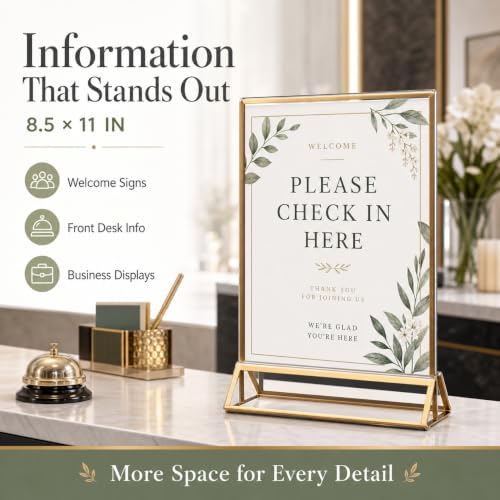 8 Pack Acrylic Sign Holder 8.5x11 Gold Frames, Wedding Table Number Holders Double Sided Vertical Clear Display Stand, Picture Holders for Tables, Menus, Flyers, Party and Office Decor - Image 4