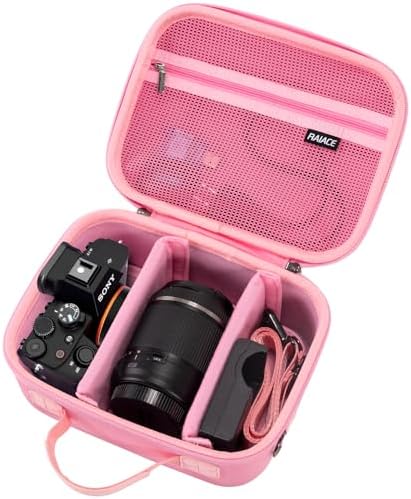 RAIACE Hard Case Compatible with Sony Alpha 7 II III IV/7R V Camera, for Nikon, for Canon, for Pentax and More. Mesh Pocket for Charger, Cables, Cards and Accessories. (case only) - Pink by RAIACE
