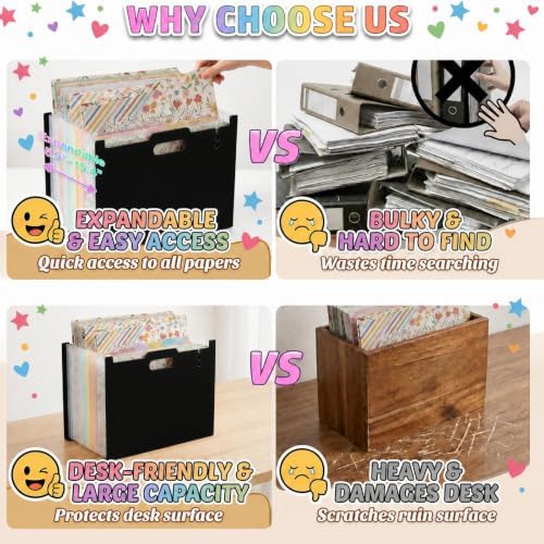 12x12 Scrapbook Paper Storage Organizer, Expandable 13 Pocket Desktop Paper Organizer Storage for Scrapbook Essentials, Large Scrapbook Storage for Photos, Washi Tape, Sticker (Black) - Image 3