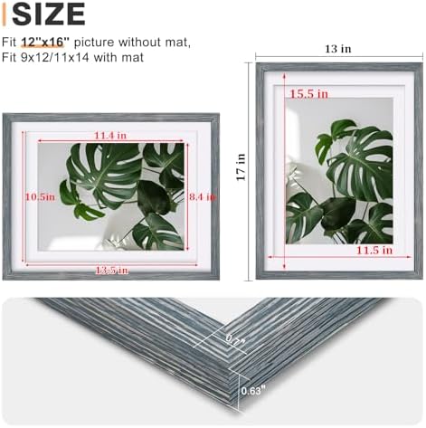 Egofine 12x16 Picture Frames Set of 4, Made of Solid Wood Covered by Plexiglass 9x12 and 11x14 with Mat or 12x16 without Mat, for Wall Mounting Photo Frame Rustic Blue - Image 3