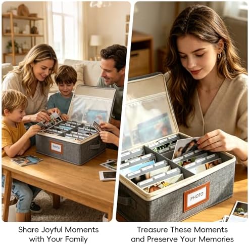 Linen Photo Storage Box with Zipper Lid & Side Handle and Adjustable Dividers,Holds Up to 2000 4x6 Pictures, Memory Keepsake Box for Wedding,Baby, Cards, Stamps, Grey - Image 2