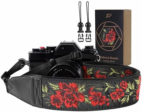 Padwa Lifestyle Camera Strap - 2" Full Grain Leather Ends Camera Straps for Photographers, Vintage Embroidered Cotton Weave Soft Suede Fabric Padded Strap Quick Release fits All Cameras by PadwaLifestyleCameraStrap