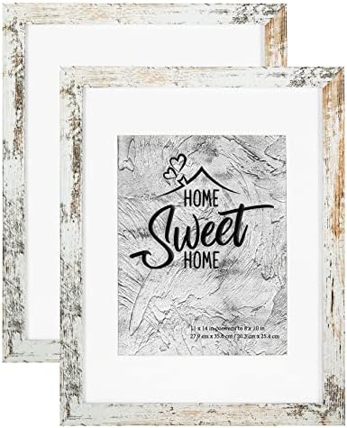 Califortree Rustic White 11x14 Picture Frame - Display Photos 8x10 with Mat or 11x14 Without Mat - HD Glass Inside, Set of 2 by Califortree