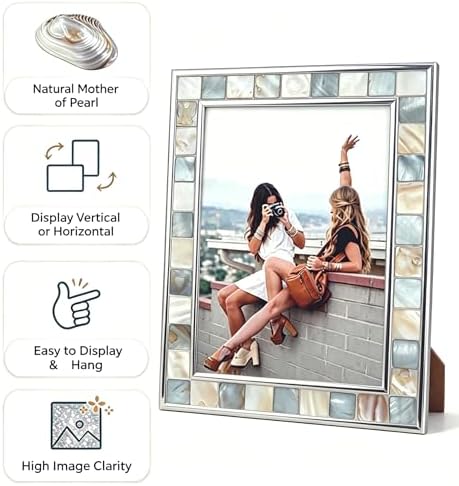 Silver Plate Picture Frame 4x6 Mother of Pearl 4 by 6 Photo Frame Mosaic Glass Tabletop Frame (Grey+ White,1pc) - Image 5