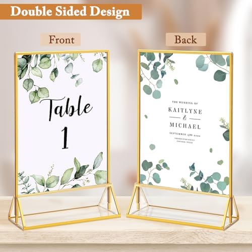Floroom 2 Pack 5x7 Inch Clear Acrylic Sign Holders, Double-Sided Gold Display Stand Picture Frames for Table Numbers, Menus, Flyers, Weddings, and Offices - Image 4