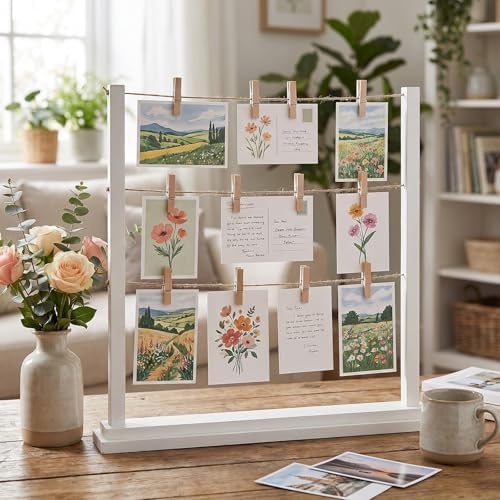 Cinnvoice Desk Photo Display Board with Clips Wooden Photo Holder for Table Picture Collage Board Tabletop White Collage Frame Picture Postcard Display Stand Classroom Wedding Anniversary Home Decor - Image 3