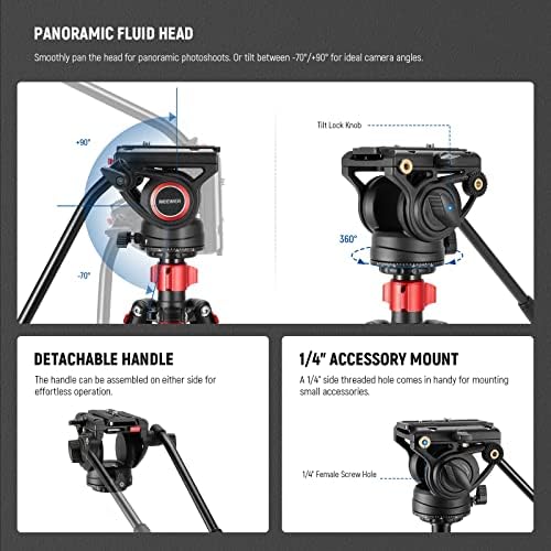 NEEWER 72" Fluid Head Video Tripod Monopod, Aluminum Alloy QR Plate Compatible with DJI RS Gimbal, 360° Pan & +90°/-70° Tilt for DSLR Camera Camcorder, Max Load 13.2lb/6kg, TP72A - Image 2