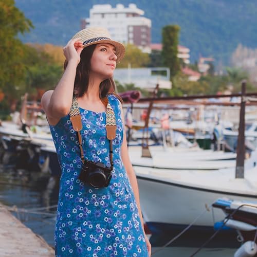 Padwa Lifestyle Cool Ethnic Style Apricot Camera Strap - 2"Cowhide Head Camera Straps for Photographers,Vintage Jacquard Embroidery Woven Cotton Adjustable Shoulder Neck Straps for Cameras,Binoculars - Image 2
