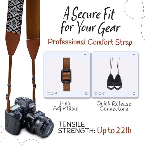 Art Tribute Camera Strap - Shoulder, Crossbody & Neck Camera Strap for Photographers, Fits All Cameras, Canon Nikon Sony Fujifilm, Padded Strap W/Quick Release, Embroidered Cotton & Leather Ends - Image 4