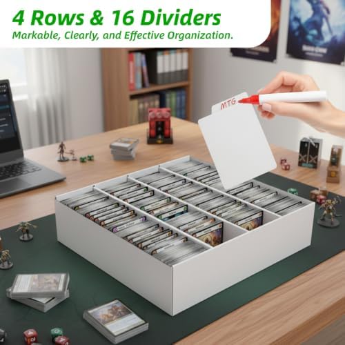 Calenzana 3200-Count Trading Cardboard Card Storage Boxes 1 Pack, 4 Row White Card Box with 16 Dividers, MTG, TCG Card Organizer - Image 3