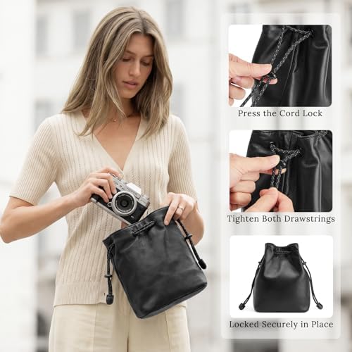 S-ZONESoft Leather Camera Insert Bag Drawstring Camera Pouch DSLR Lens Case - Image 5