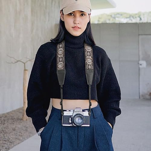 Padwa Lifestyle Camera Strap - 2" Full Grain Leather Ends Camera Straps for Photographers, Vintage Embroidered Cotton Weave Soft Suede Fabric Padded Strap Quick Release fits All Cameras - Image 5