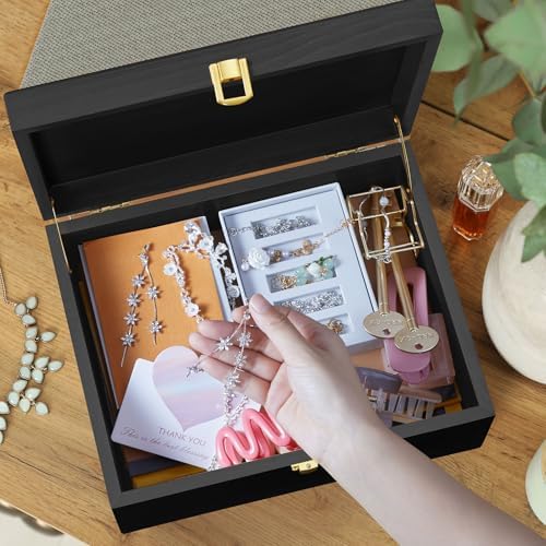 DRASTAR Large Wooden Keepsake Box, Black Memory Box, Decorative Storage Box with Hinged Lid, Large Card Box - Image 5