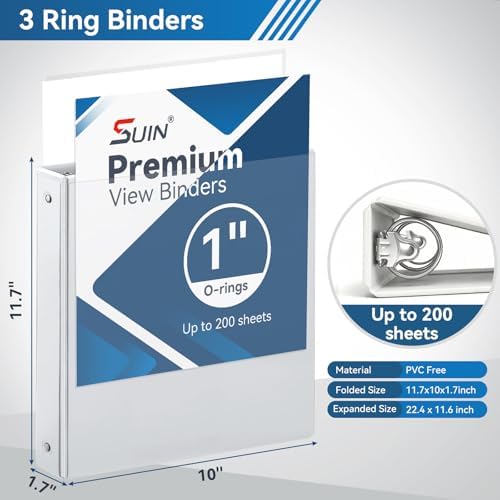 SUIN 1-inch 3 Ring Binder with 2 Pockets, Clear Customizable View Binders for US Letter Size 8.5'' x 11'', PVC Free, 1'' Binder for Office, Home, and School, White, 6 Pack - Image 2